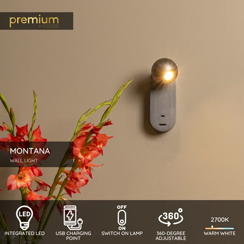 Lucide MONTANA - Wall light - LED - CCT - 1x6,3W 2700K/4000K - With USB charging point - Grey iron | Premium - USP